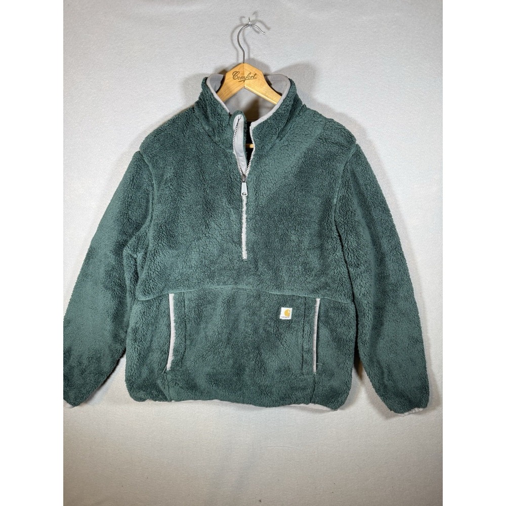 Carhartt Women's M Fleece Pullover Deep Pile T-Snap Loose Fit Green Pockets Boxy